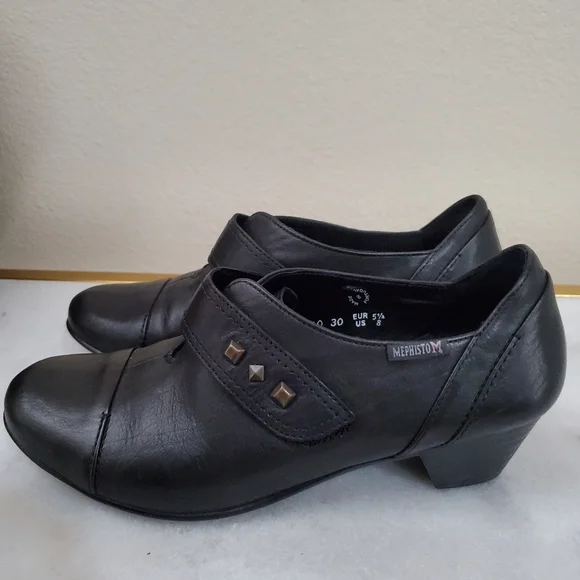 Mephisto Black Leather Round Toe Chunky Heel Velcro Strap Women's Shoe 5 1/2 8 - Picture 2 of 15